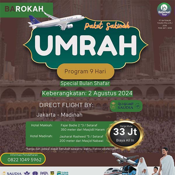 Umrah Shafar  1446 H, Paket 9 Hari, Batemuri Tour, Keberangkatan: 2 Agustus 2024